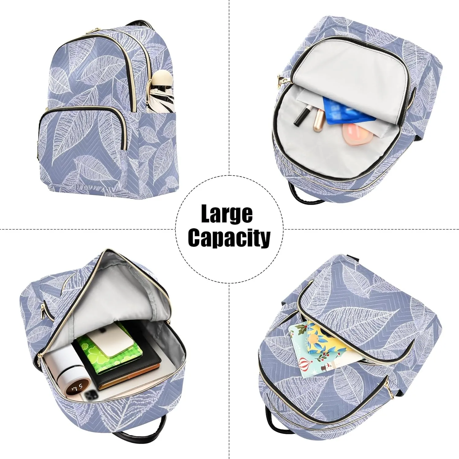 Charming Leaf Silhouettes Lilac Campus Backpack Purse Bookbag Quilted Backpack for Women 13" Laptop Backpack Stylish Printed Rucksack with Multiple Pockets Lightweight Travel