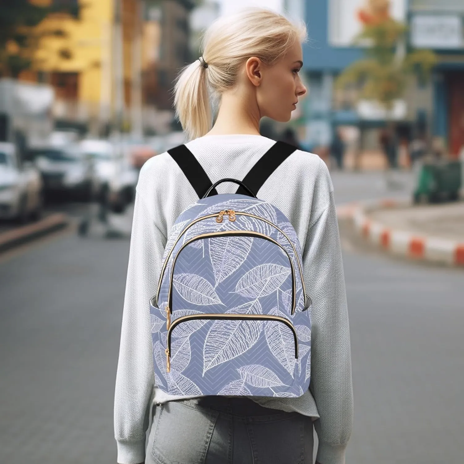 Charming Leaf Silhouettes Lilac Campus Backpack Purse Bookbag Quilted Backpack for Women 13" Laptop Backpack Stylish Printed Rucksack with Multiple Pockets Lightweight Travel