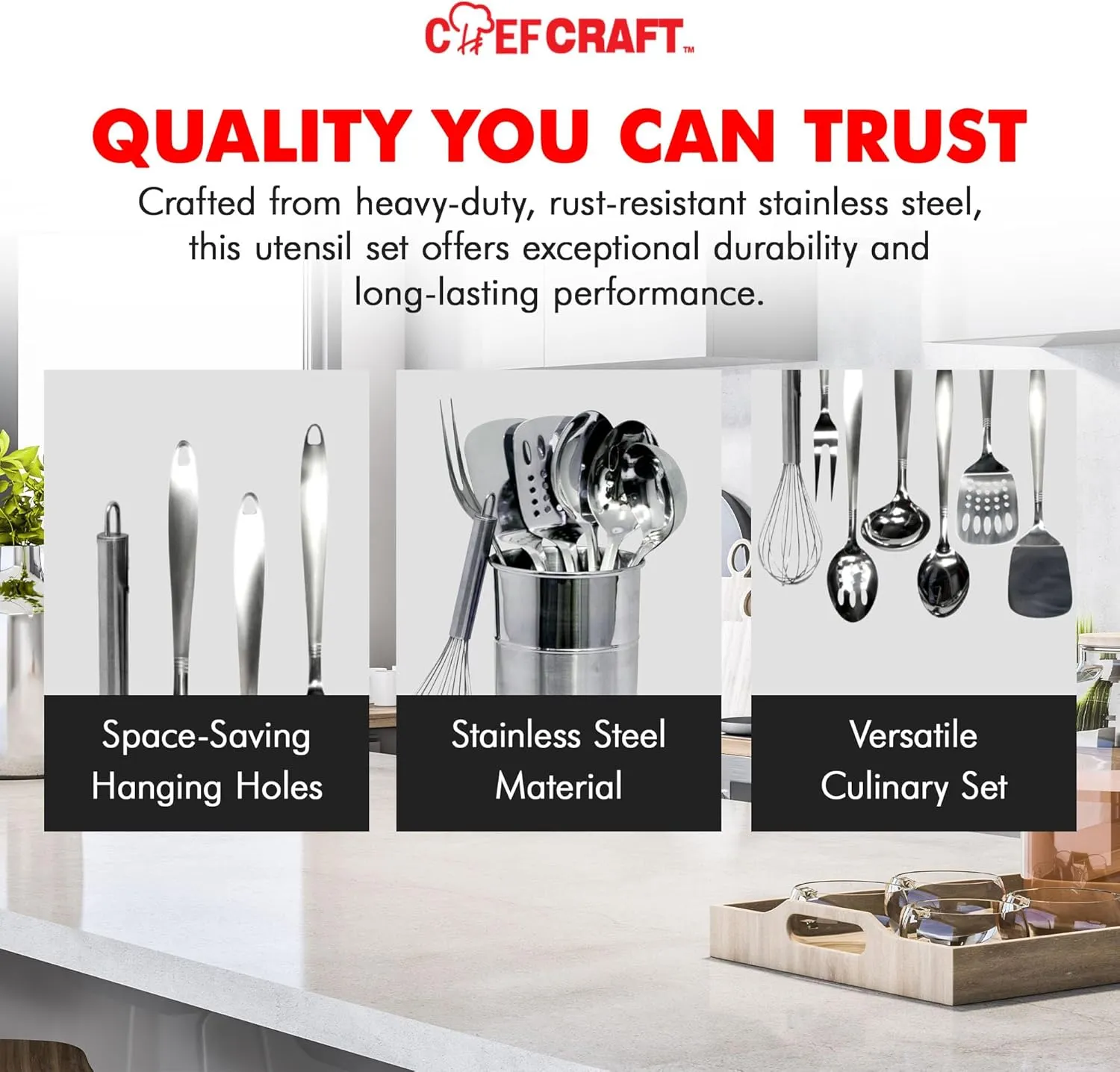 Chef Craft - 8 Piece Stainless Steel Kitchen Utensils Set with Utensil Holder