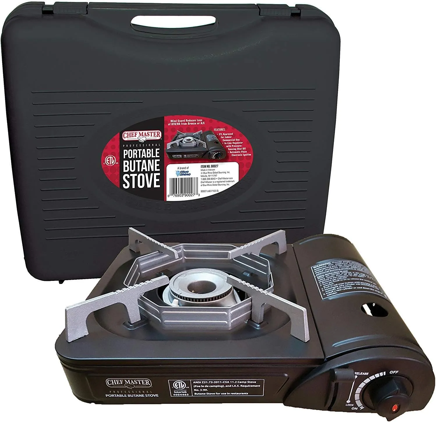 Chef Master Portable Butane Camping Stove, Piezo Ignition 7,650 BTU Output, Wind-Guard Portable Stove Burner with Portable Carrying Case for Emergencies, Road Trips, Hiking, Camping Essentials 90027