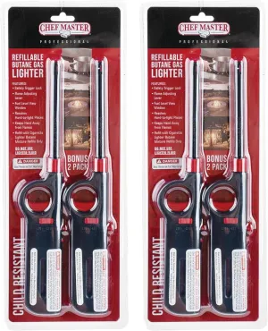Chef Master Refillable Butane Gas Lighter - 4-Pack | Perfect for Barbecues, Camping, Candles, Lanterns, Fireplaces, Gas Stoves
