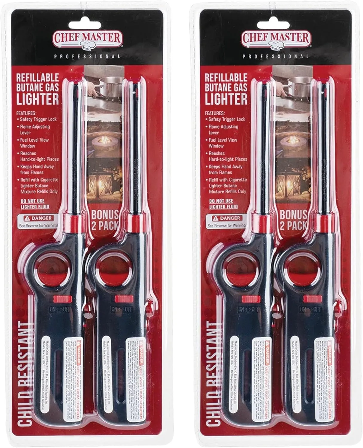 Chef Master Refillable Butane Gas Lighter - 4-Pack | Perfect for Barbecues, Camping, Candles, Lanterns, Fireplaces, Gas Stoves