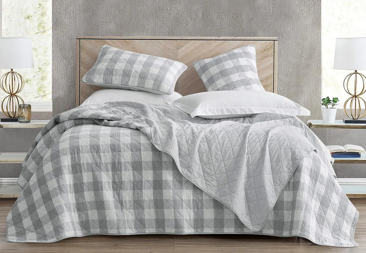 Chezmoi Collection 3-Piece Gray White Plaid Cotton Quilt Set - Buffalo Check Solid Reversible Bedspread - Pre-Washed Cotton Lightweight Coverlet, Queen Size