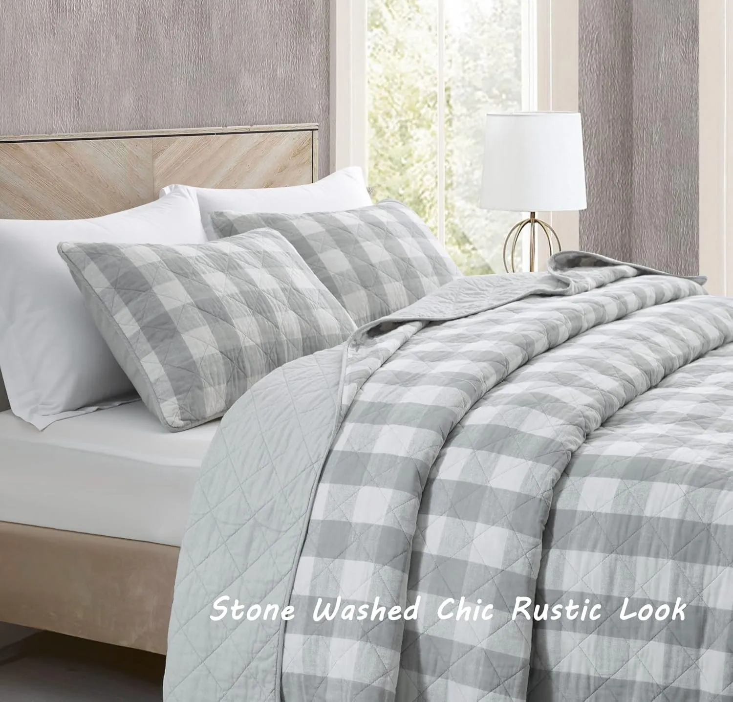 Chezmoi Collection 3-Piece Gray White Plaid Cotton Quilt Set - Buffalo Check Solid Reversible Bedspread - Pre-Washed Cotton Lightweight Coverlet, Queen Size