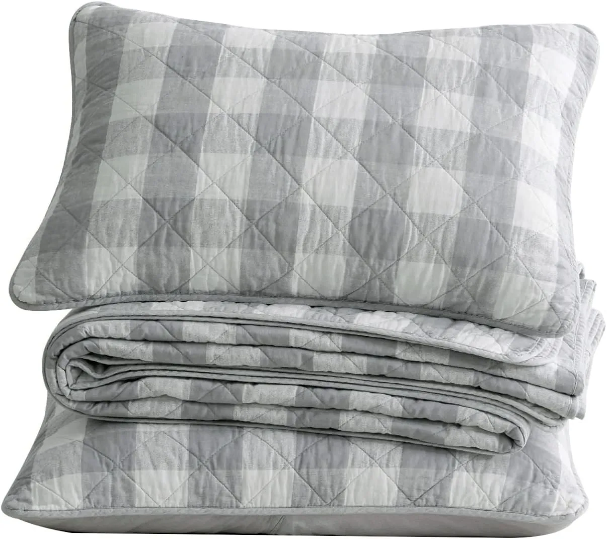 Chezmoi Collection 3-Piece Gray White Plaid Cotton Quilt Set - Buffalo Check Solid Reversible Bedspread - Pre-Washed Cotton Lightweight Coverlet, Queen Size