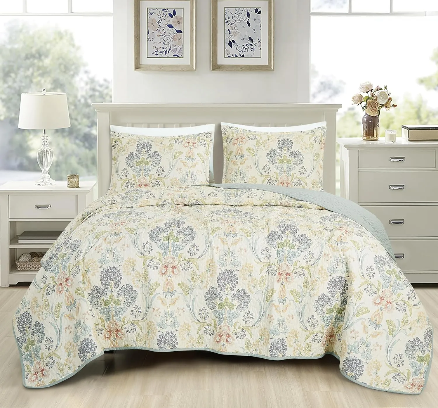 Chezmoi Collection Alyssa 3-Piece Floral Medallion Garden Quilt Set Queen - Multicolor Blue Green Red Yellow White Printed Microfiber Lightweight Bedspread Set for All Season