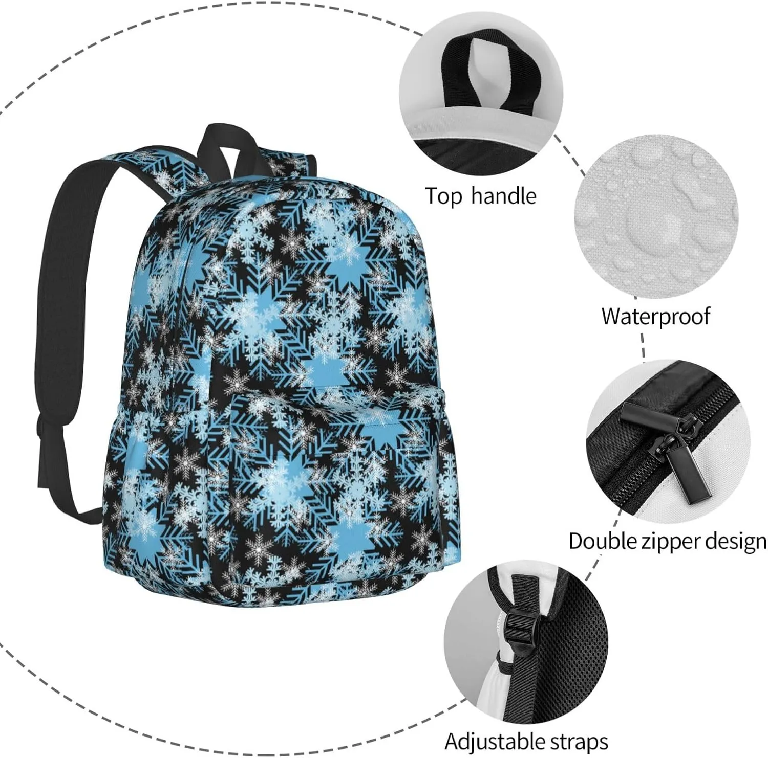 Christmas Snowflakes Blue Backpack Casual Laptop Backpack Large Capacity Double Shoulder Bag Travel Daypack For Women Men