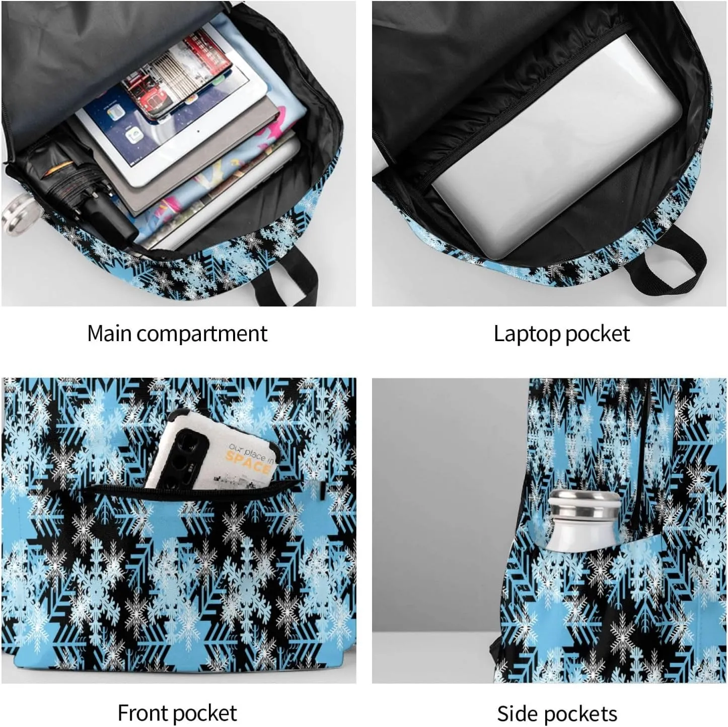 Christmas Snowflakes Blue Backpack Casual Laptop Backpack Large Capacity Double Shoulder Bag Travel Daypack For Women Men