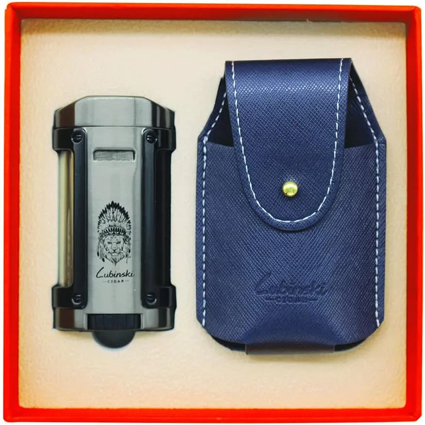 Cigar Lighter   Leather Case Windproof Butane Quadruple Torch Jet Blue Flame Cigarette Lighter for Cigar Cooking BBQ Topsense