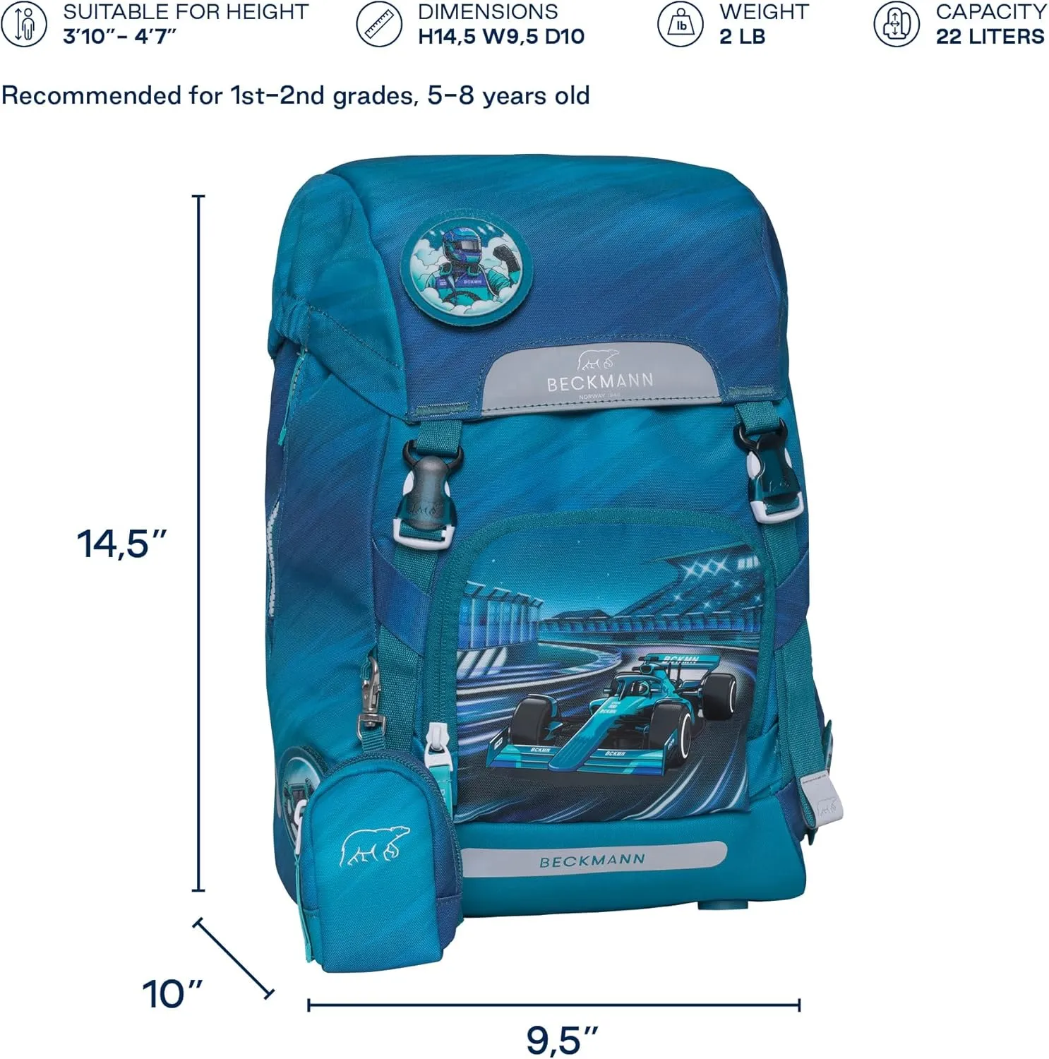 CLASSIC School Backpack for Kids – Ergonomic, Lightweight, Adjustable, Spacious Compartments, Durable – Ages 5-8, Elementary school, 1st & 2nd grade. 22 lt. RACING, BLUE