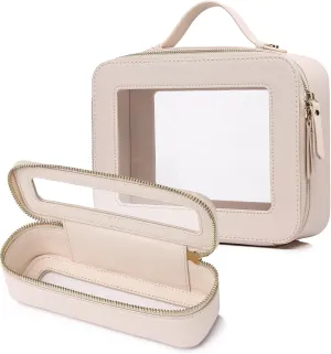 Clear Travel Makeup Bag with Brush Bag Portable Transparent Cosmetic Bag and Toiletry Bag Waterproof Clear Makeup Bag with Zipper Car Bag for Women (Beige, L Slim)