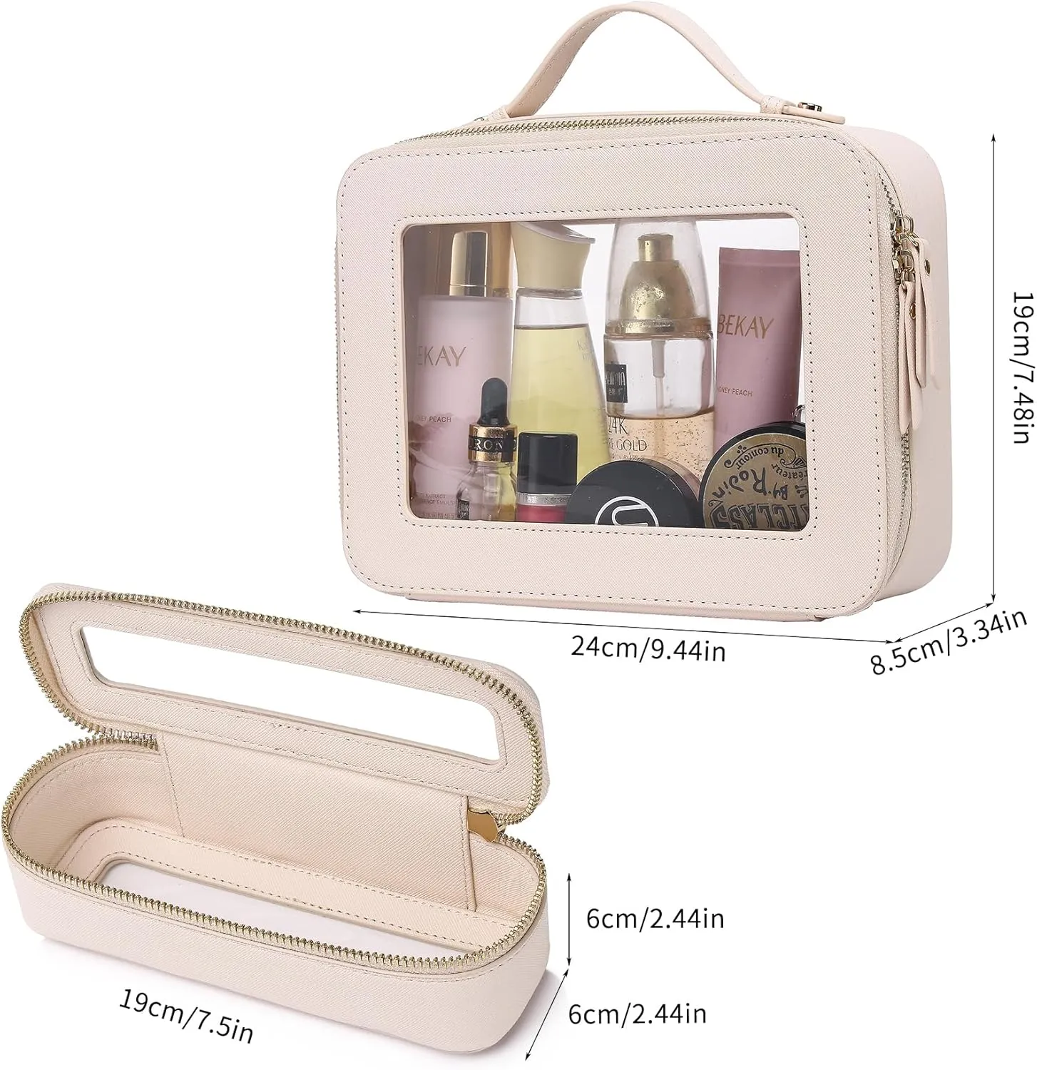 Clear Travel Makeup Bag with Brush Bag Portable Transparent Cosmetic Bag and Toiletry Bag Waterproof Clear Makeup Bag with Zipper Car Bag for Women (Beige, L Slim)