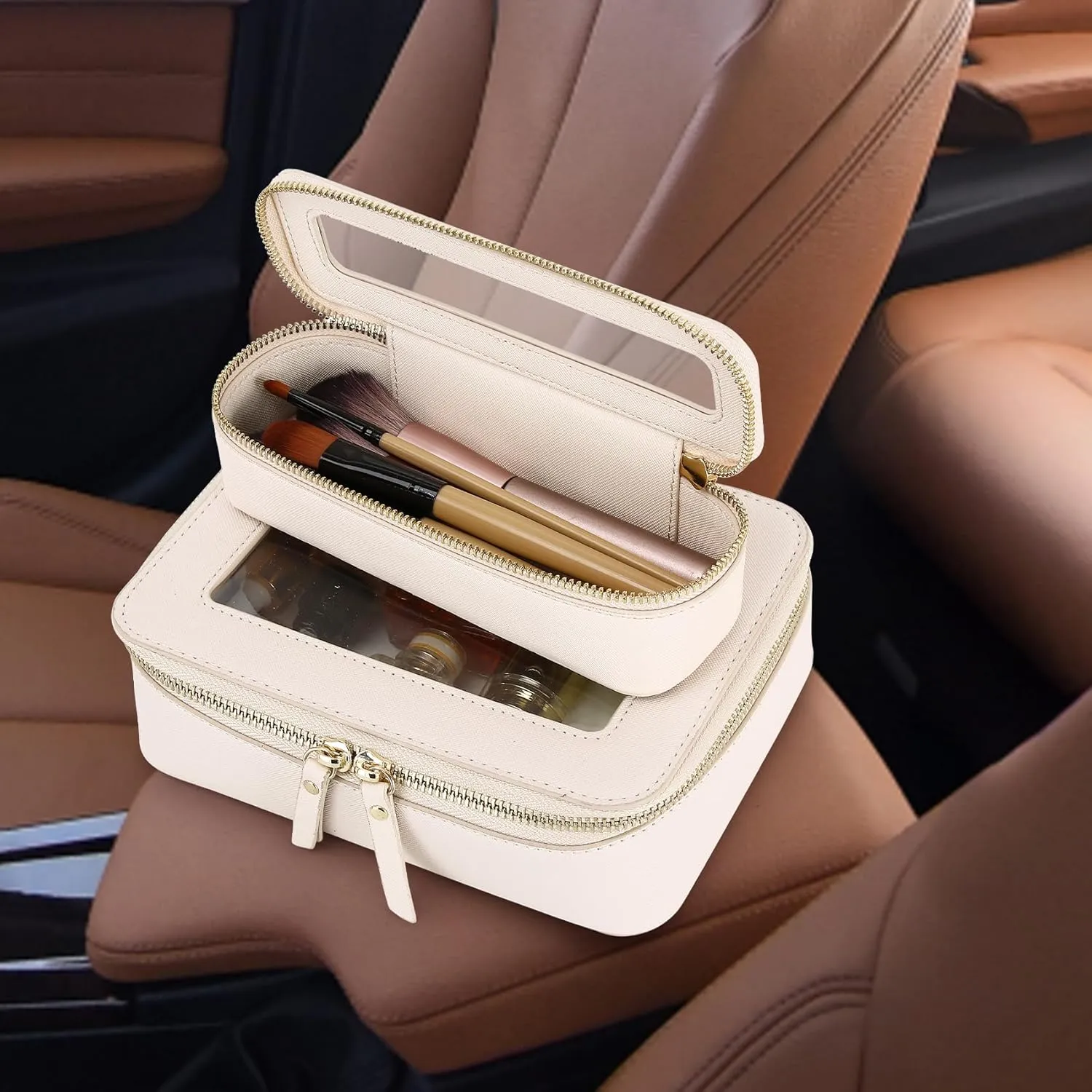 Clear Travel Makeup Bag with Brush Bag Portable Transparent Cosmetic Bag and Toiletry Bag Waterproof Clear Makeup Bag with Zipper Car Bag for Women (Beige, L Slim)