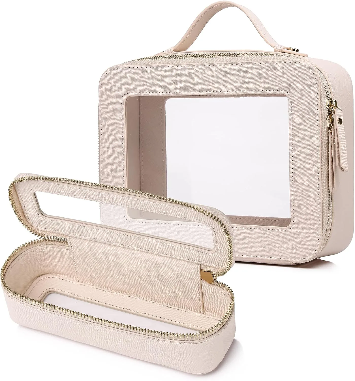 Clear Travel Makeup Bag with Brush Bag Portable Transparent Cosmetic Bag and Toiletry Bag Waterproof Clear Makeup Bag with Zipper Car Bag for Women (Beige, L Slim)