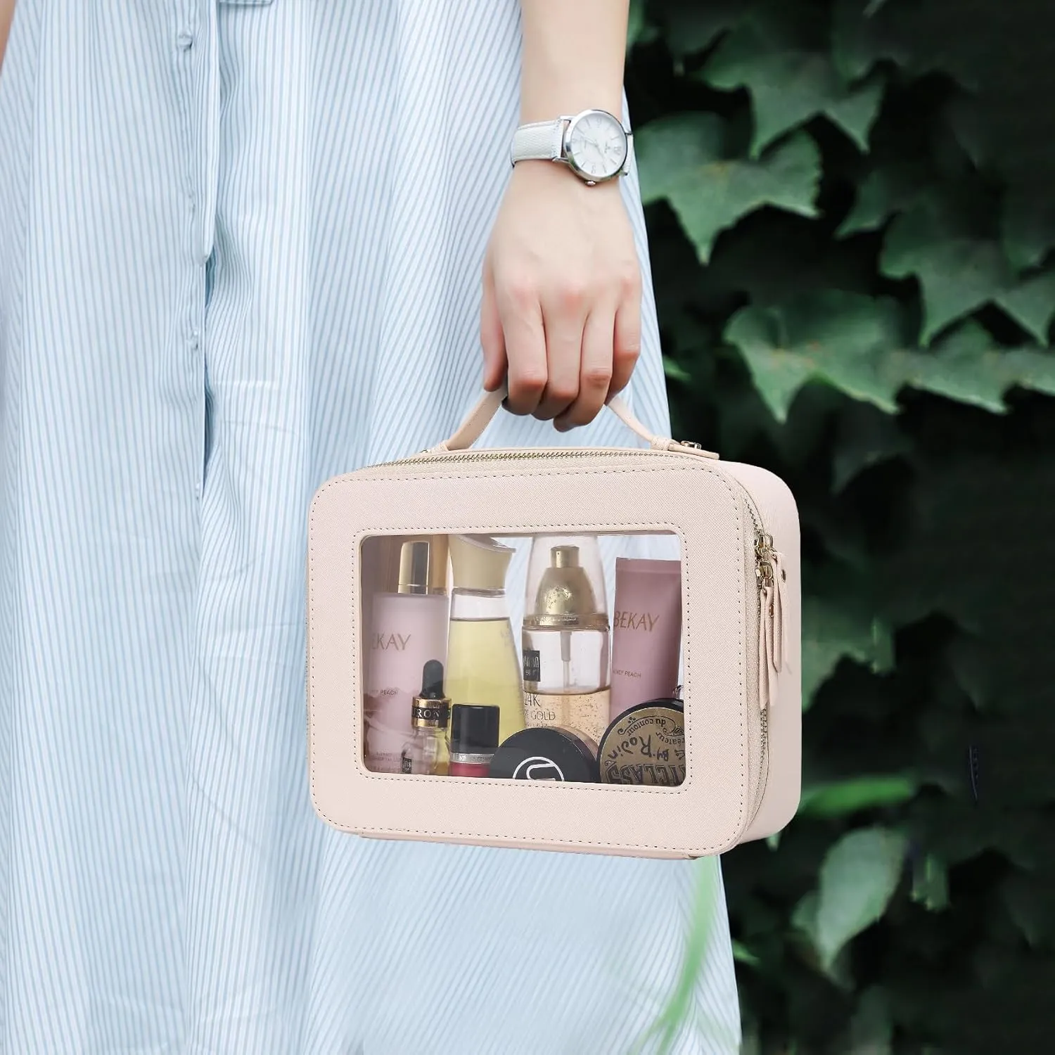 Clear Travel Makeup Bag with Brush Bag Portable Transparent Cosmetic Bag and Toiletry Bag Waterproof Clear Makeup Bag with Zipper Car Bag for Women (Beige, L Slim)