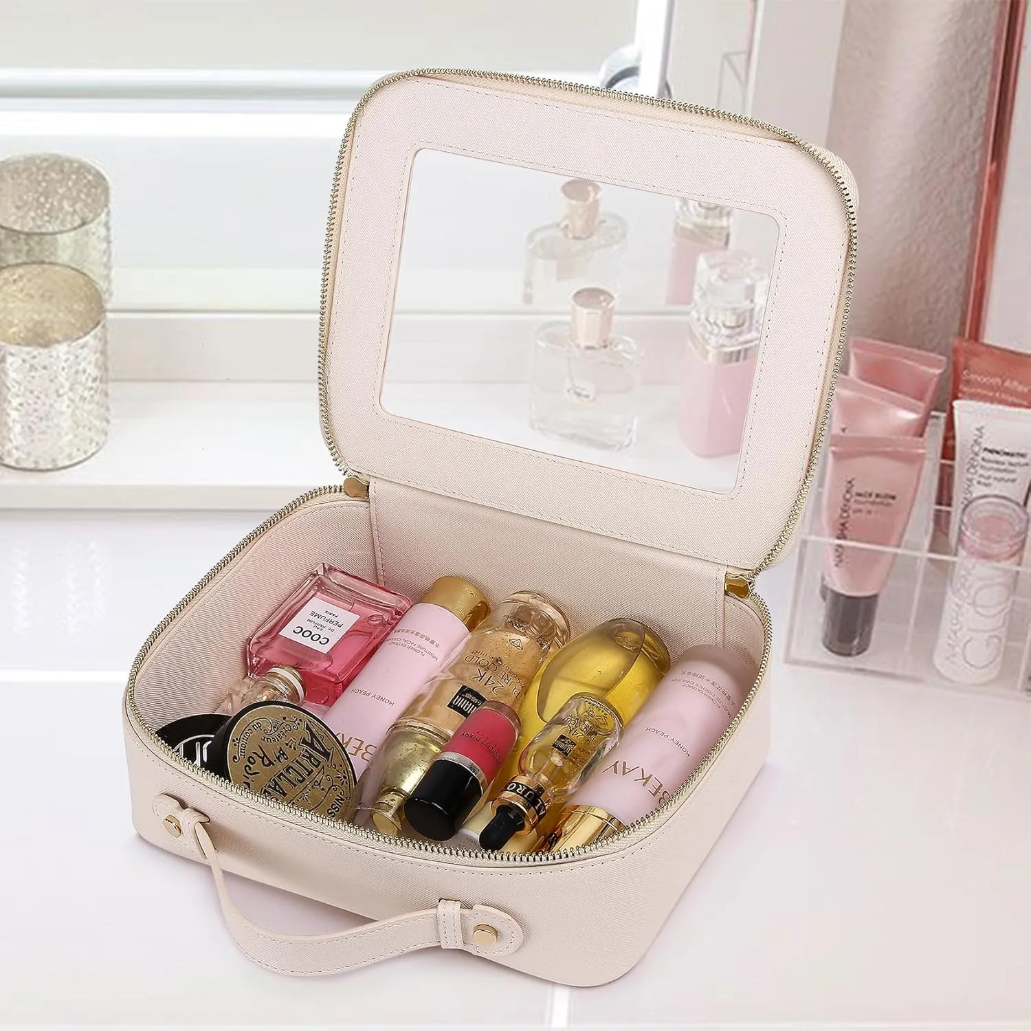 Clear Travel Makeup Bag with Brush Bag Portable Transparent Cosmetic Bag and Toiletry Bag Waterproof Clear Makeup Bag with Zipper Car Bag for Women (Beige, L Slim)