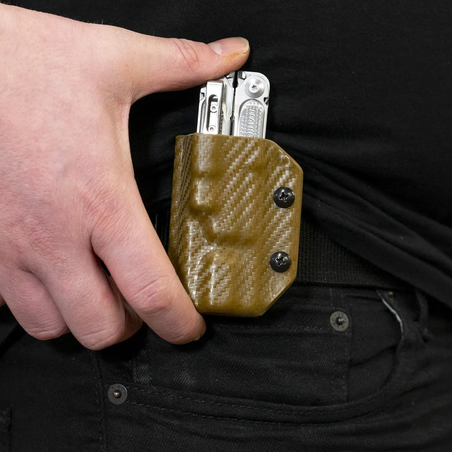 Clip & Carry Kydex Multitool Sheath for LEATHERMAN FREE P4 - Made in USA (Multi-tool not included) EDC Multi Tool Holder Holster Cover (Brown Carbon Fiber)