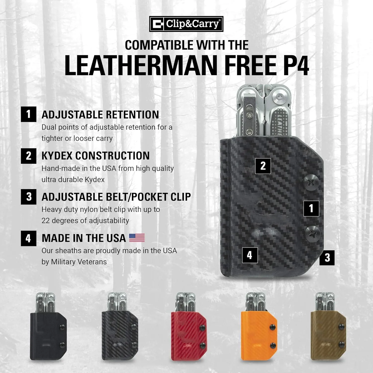 Clip & Carry Kydex Multitool Sheath for LEATHERMAN FREE P4 - Made in USA (Multi-tool not included) EDC Multi Tool Holder Holster Cover (Brown Carbon Fiber)