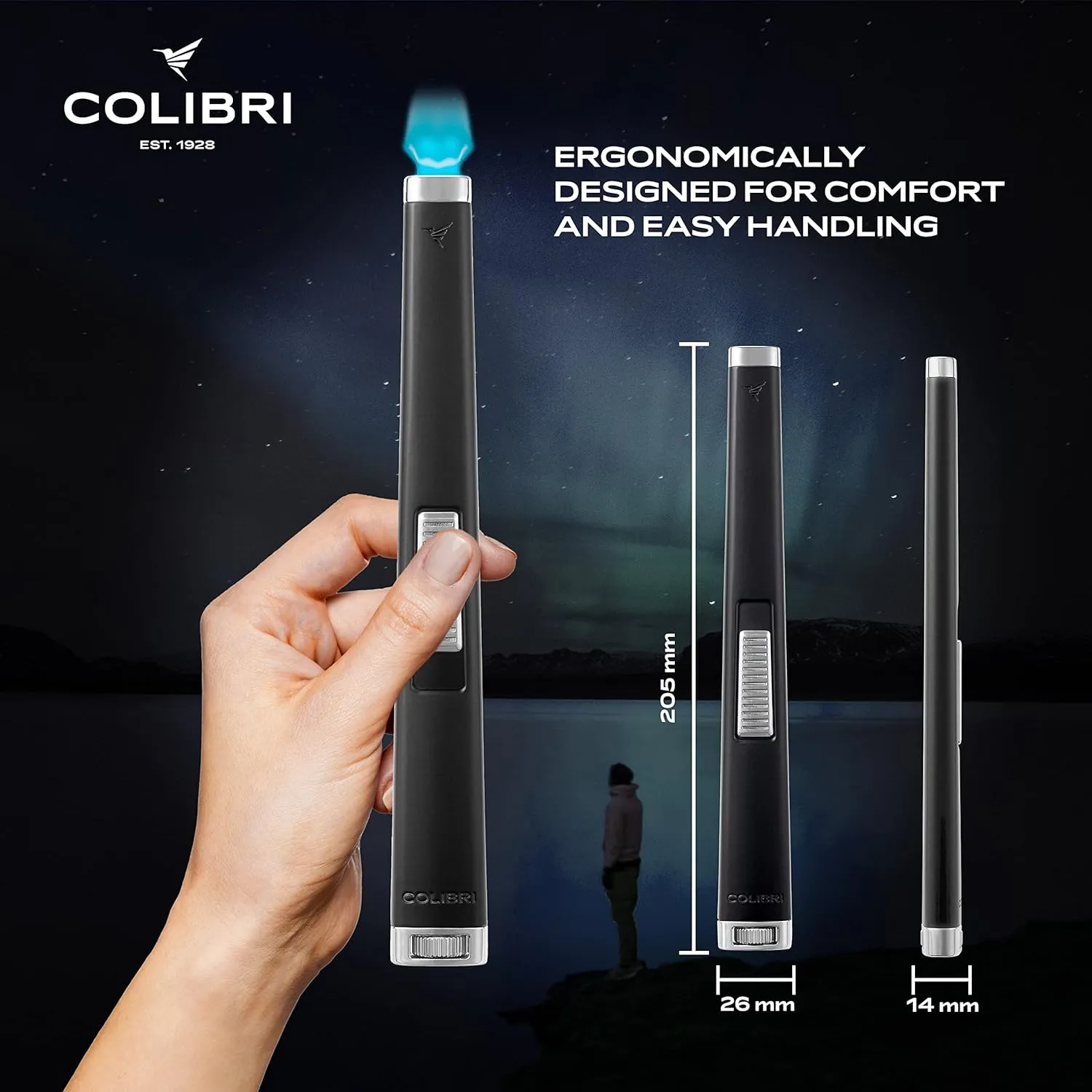 Colibri Aura 10mm Flat Flame Torch Lighter - Multi-Purpose Butane Refillable Candle and Camping Accessory - Single Action