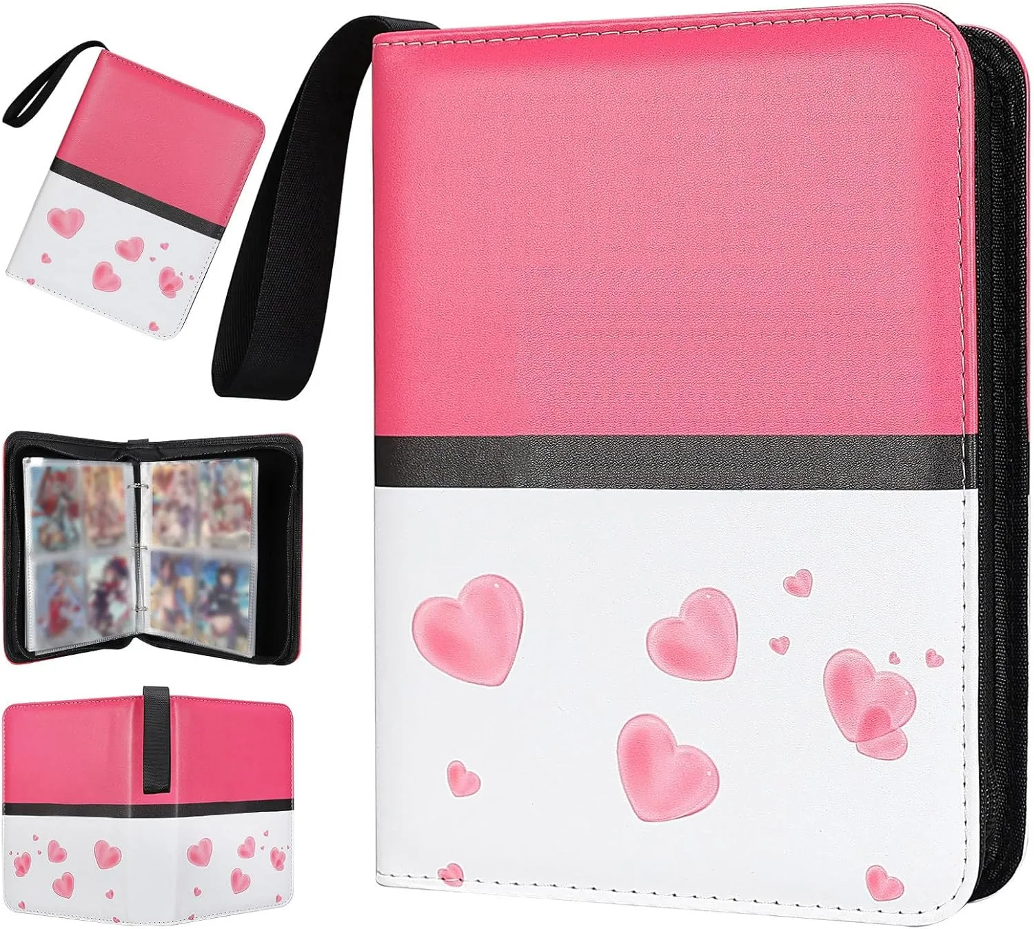 Collectible Trading Card Albums,4 Pocket Card Binder, 400 Double Sided Pocket PU Premium Zip Trading Collection Binderwith 50 Removable Sleeves, Card Folder forTCG, Sports Cards (Pink White)