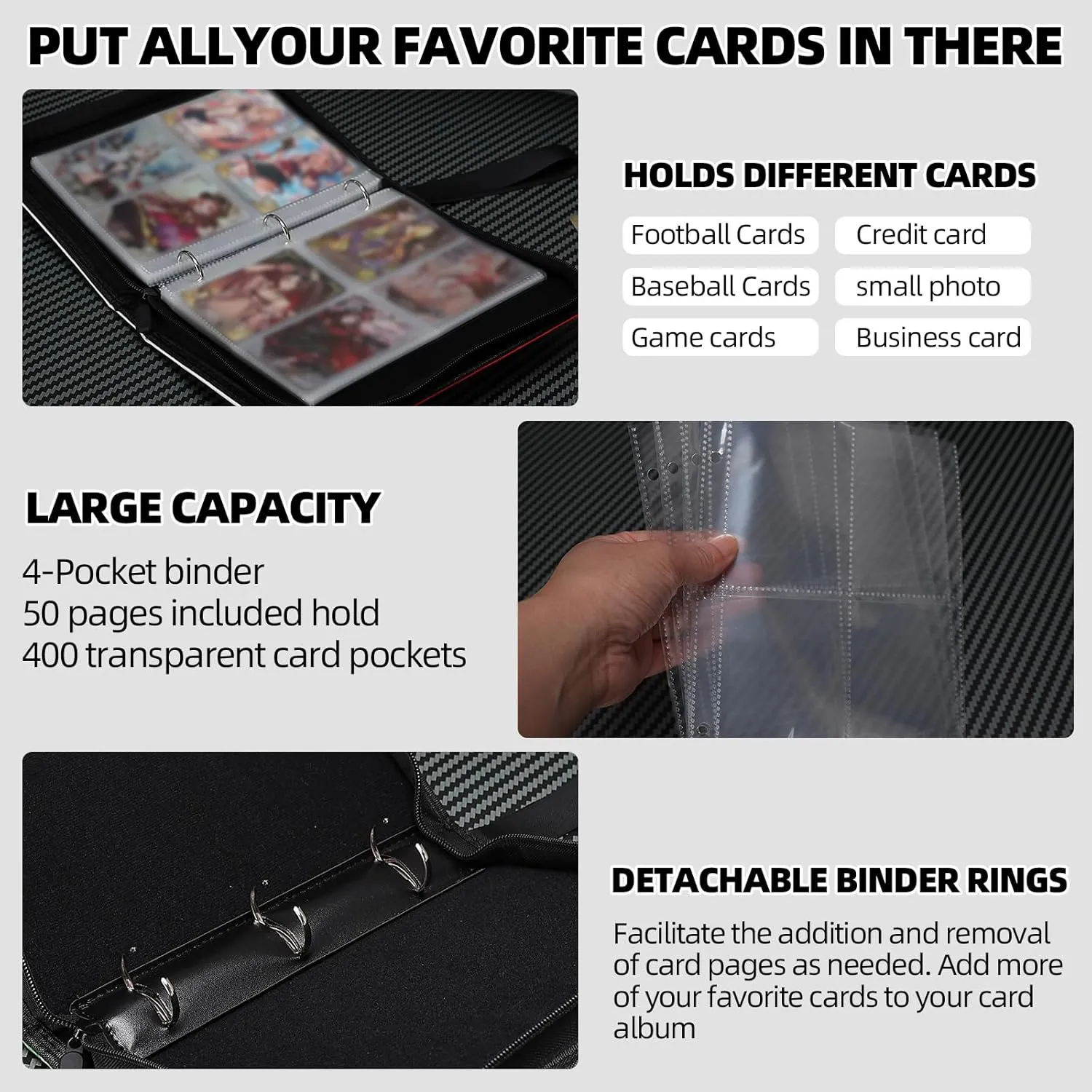 Collectible Trading Card Albums,4 Pocket Card Binder, 400 Double Sided Pocket PU Premium Zip Trading Collection Binderwith 50 Removable Sleeves, Card Folder forTCG, Sports Cards (Pink White)