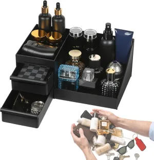 Cologne Organizer for Men, Cologne Holder for Dresser, Perfume Stand, Bathroom Countertop Organizer with Drawers - Black Vanity Storage for Skincare, Make Up - Fits Men Room Decor
