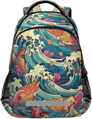 Colorful Fish Waves Design Waterproof Backpack - Casual Outdoor Sports Daypack with Ergonomic Shoulder Straps#317