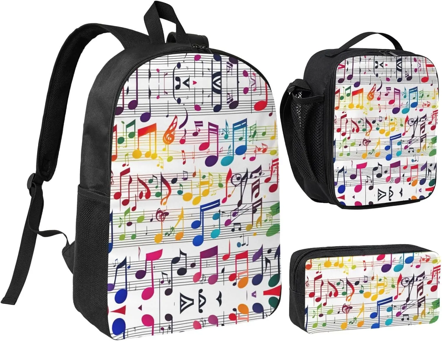 Colorful Music Notes print Backpack 3pcs Set Including 17 Inch Large BookBag With Lunch Bag And Practical Pen Bag