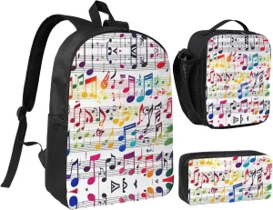 Colorful Music Notes print Backpack 3pcs Set Including 17 Inch Large BookBag With Lunch Bag And Practical Pen Bag