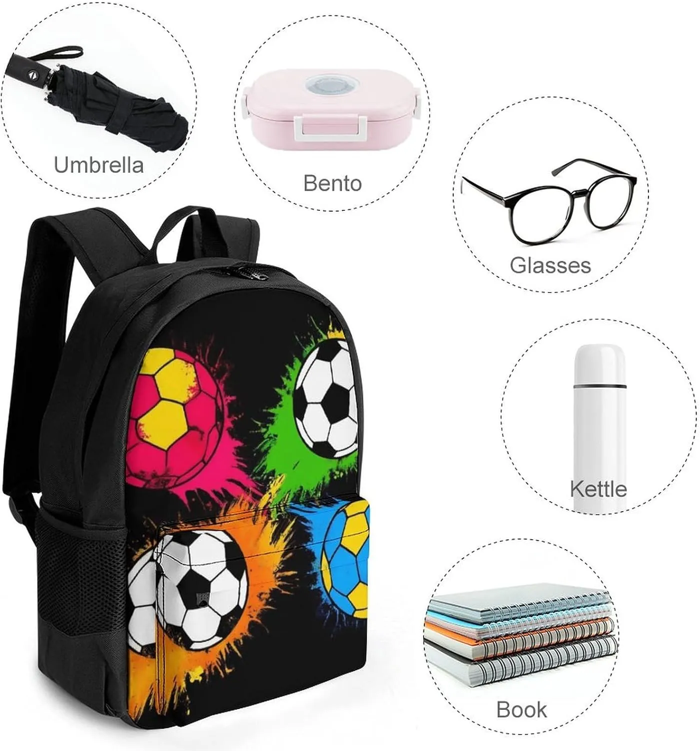 Colorful Paint Splash Ink Football Soccer Ball Black Daypack Polyester Anti-Theft Multipurpose Bookbag Big Capacity Gym Outdoor Hiking Backpack With Adjustable Shoulder Straps
