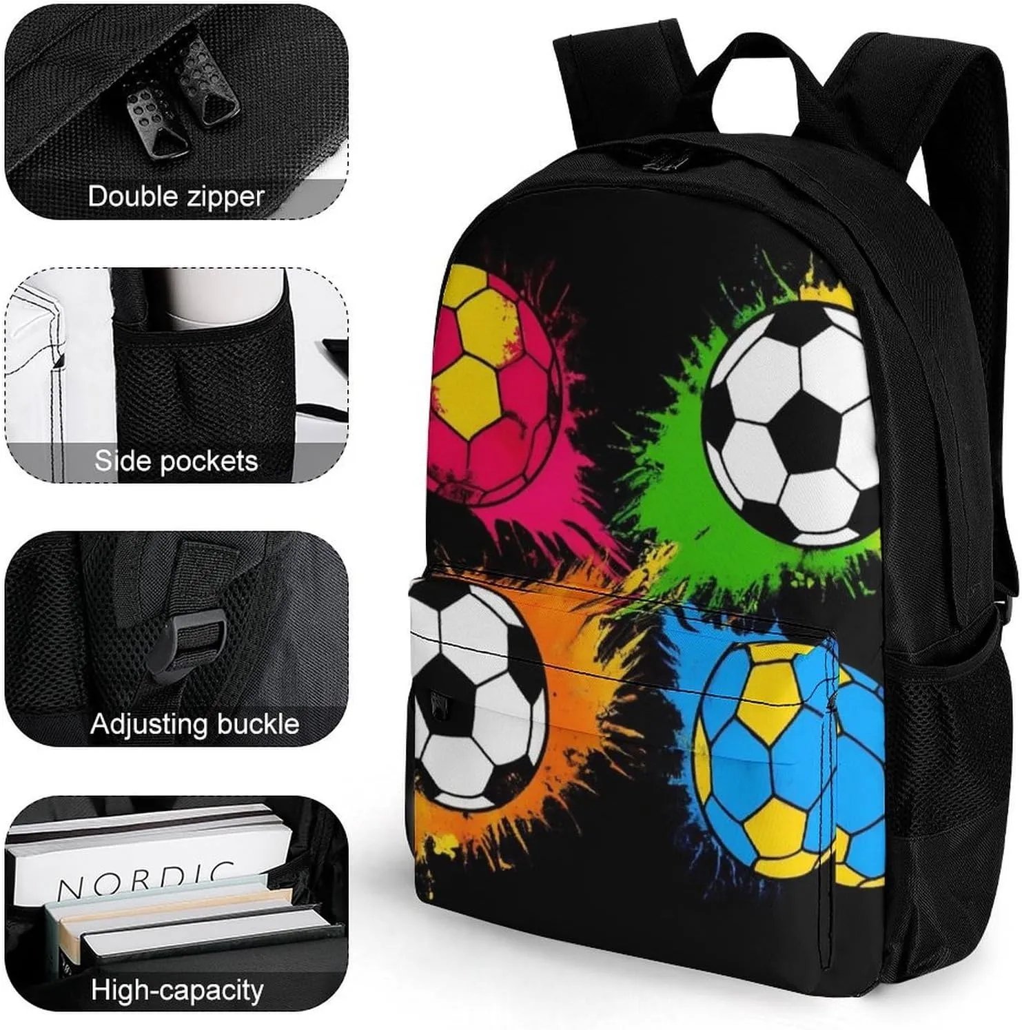 Colorful Paint Splash Ink Football Soccer Ball Black Daypack Polyester Anti-Theft Multipurpose Bookbag Big Capacity Gym Outdoor Hiking Backpack With Adjustable Shoulder Straps
