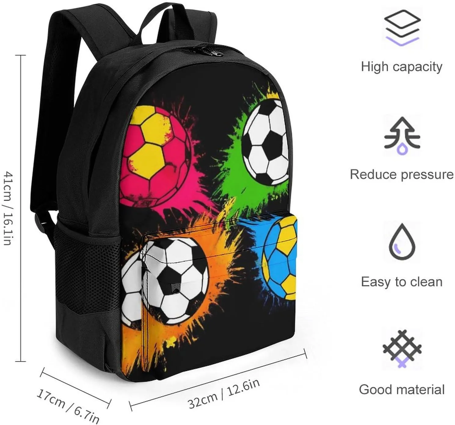Colorful Paint Splash Ink Football Soccer Ball Black Daypack Polyester Anti-Theft Multipurpose Bookbag Big Capacity Gym Outdoor Hiking Backpack With Adjustable Shoulder Straps