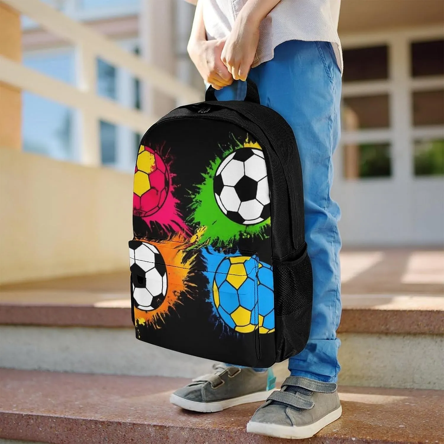 Colorful Paint Splash Ink Football Soccer Ball Black Daypack Polyester Anti-Theft Multipurpose Bookbag Big Capacity Gym Outdoor Hiking Backpack With Adjustable Shoulder Straps