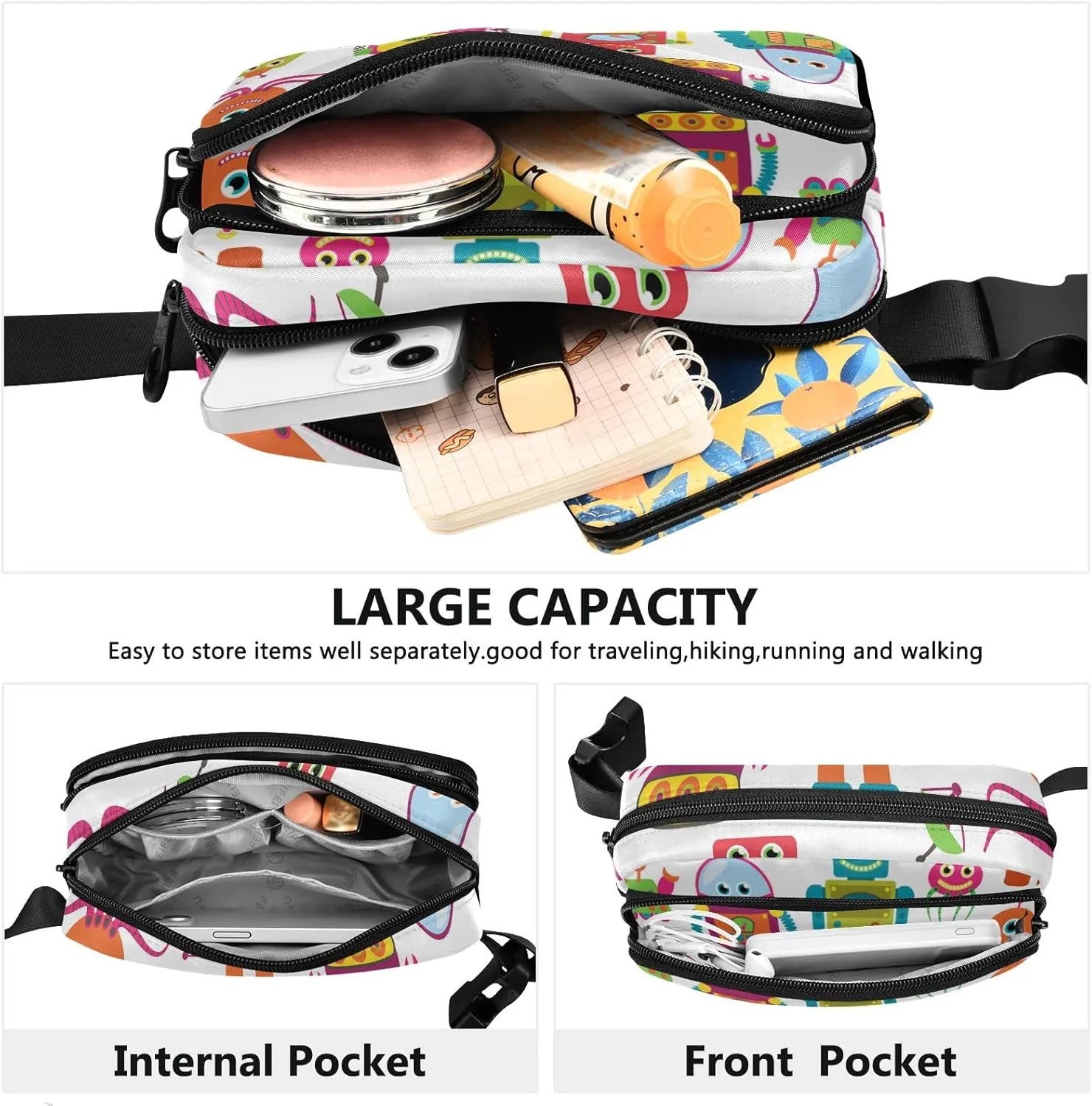 Colorful Retro Robots On White Seamless Adjustable Fanny Waist Pack Pouch, Waterproof Runners Sports Waist Pack Wallet for Sports Hiking Fitness Cycling Gym Women Men