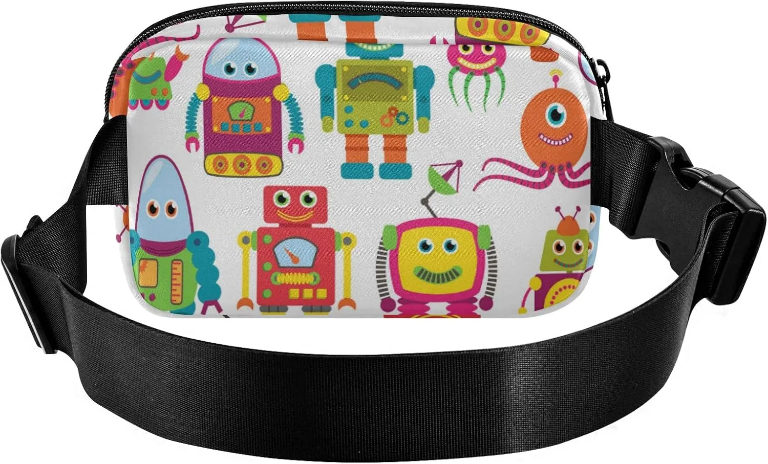 Colorful Retro Robots On White Seamless Adjustable Fanny Waist Pack Pouch, Waterproof Runners Sports Waist Pack Wallet for Sports Hiking Fitness Cycling Gym Women Men