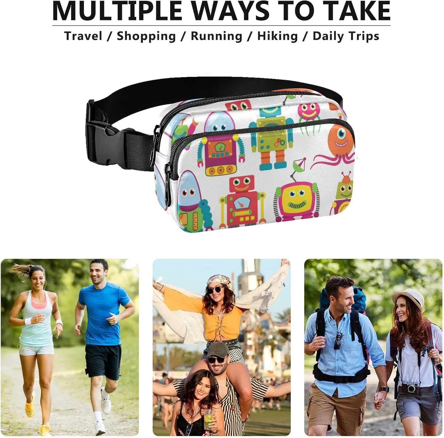 Colorful Retro Robots On White Seamless Adjustable Fanny Waist Pack Pouch, Waterproof Runners Sports Waist Pack Wallet for Sports Hiking Fitness Cycling Gym Women Men