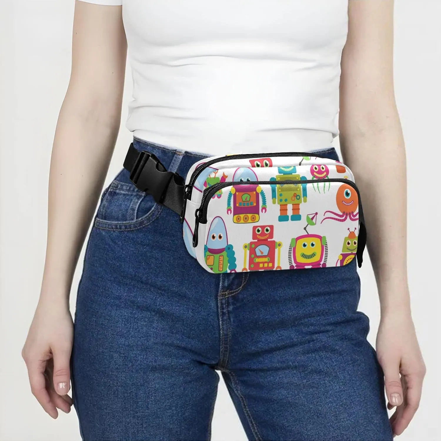 Colorful Retro Robots On White Seamless Adjustable Fanny Waist Pack Pouch, Waterproof Runners Sports Waist Pack Wallet for Sports Hiking Fitness Cycling Gym Women Men