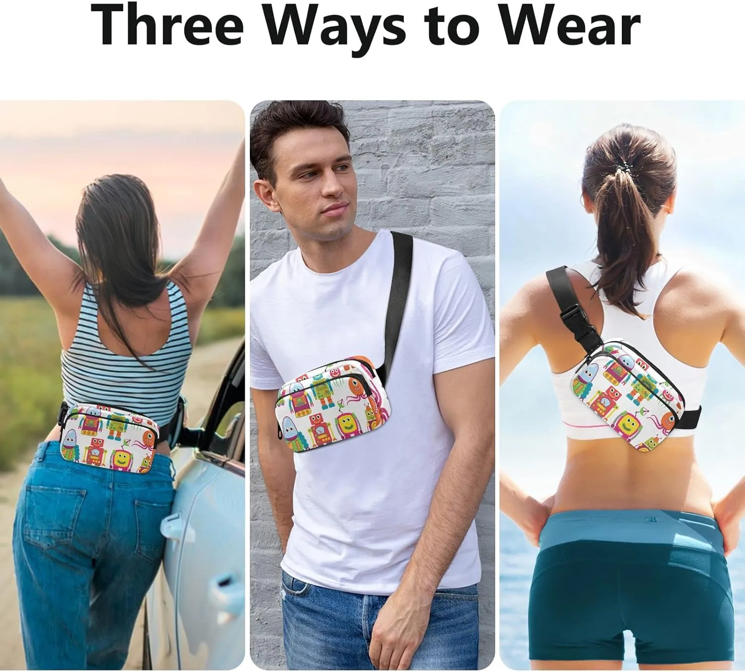 Colorful Retro Robots On White Seamless Adjustable Fanny Waist Pack Pouch, Waterproof Runners Sports Waist Pack Wallet for Sports Hiking Fitness Cycling Gym Women Men
