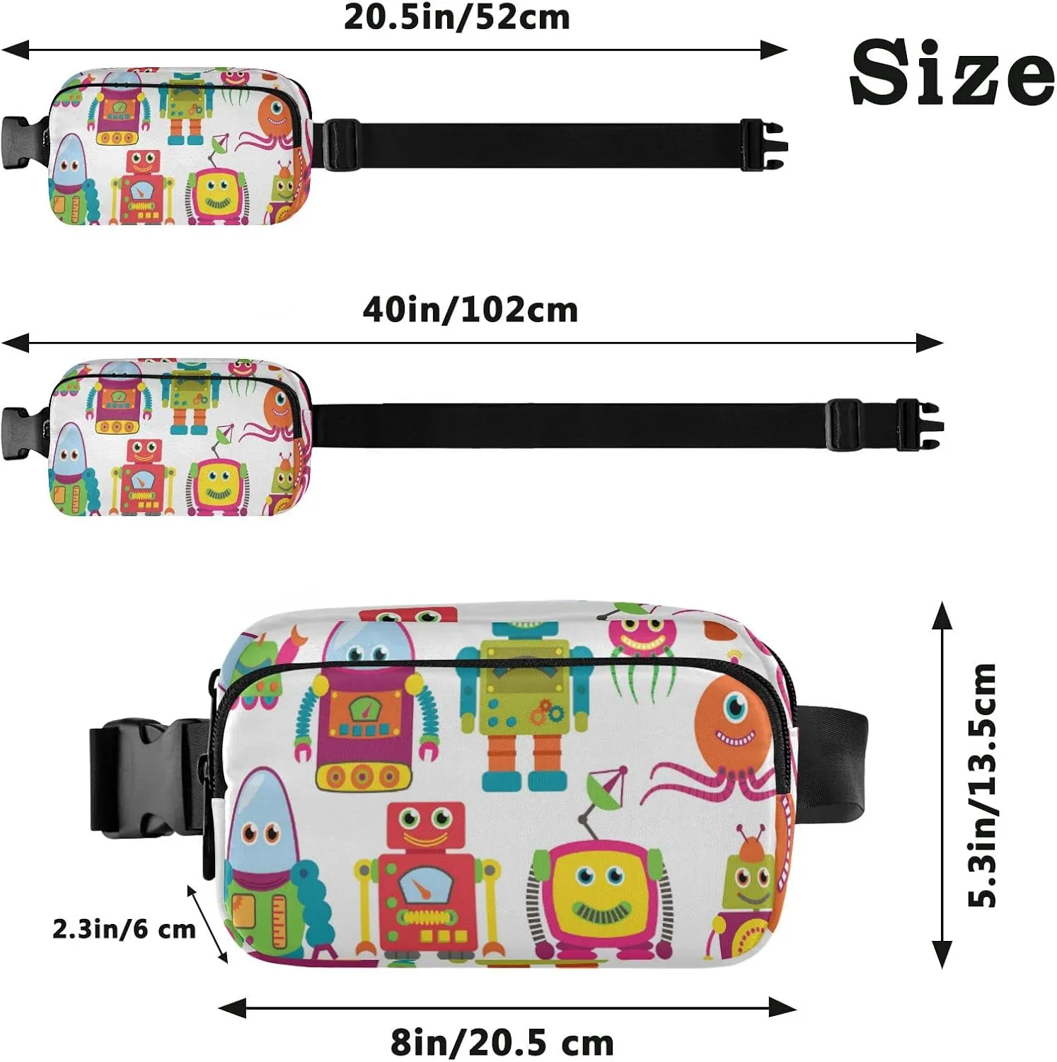 Colorful Retro Robots On White Seamless Adjustable Fanny Waist Pack Pouch, Waterproof Runners Sports Waist Pack Wallet for Sports Hiking Fitness Cycling Gym Women Men