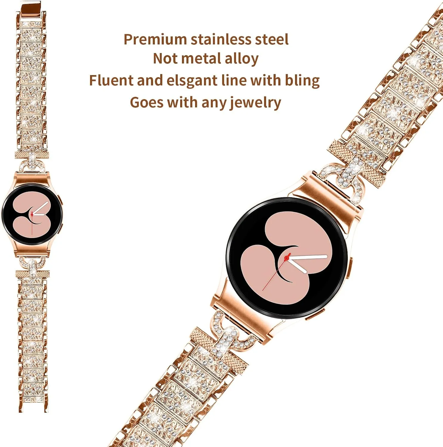 Compatible For Galaxy watch 5 40 mm 44mm Bands, Bling Rhinestones Replacement Band Stainless Steel Smart Wristband For Samsung Galaxy Watch 4 Classic 42mm 46mm
