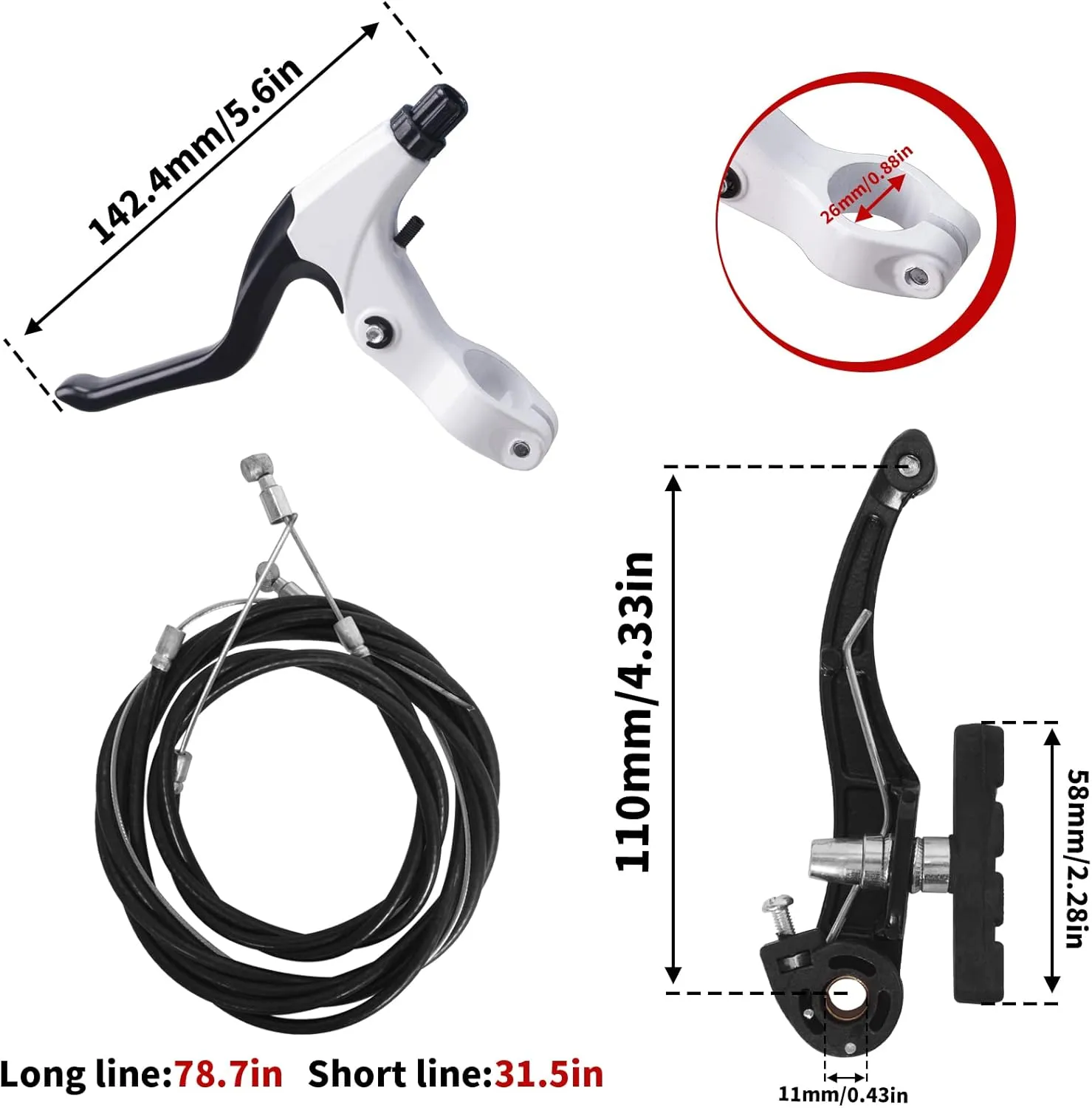 Complete Bike Brakes Set, Universal Bike Front and Rear MTB Brake, Inner and Outer Callipers Cables Lever Kit with Multi-Tool Wrenches Black White
