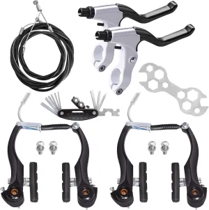 Complete Bike Brakes Set, Universal Bike Front and Rear MTB Brake, Inner and Outer Callipers Cables Lever Kit with Multi-Tool Wrenches Black White