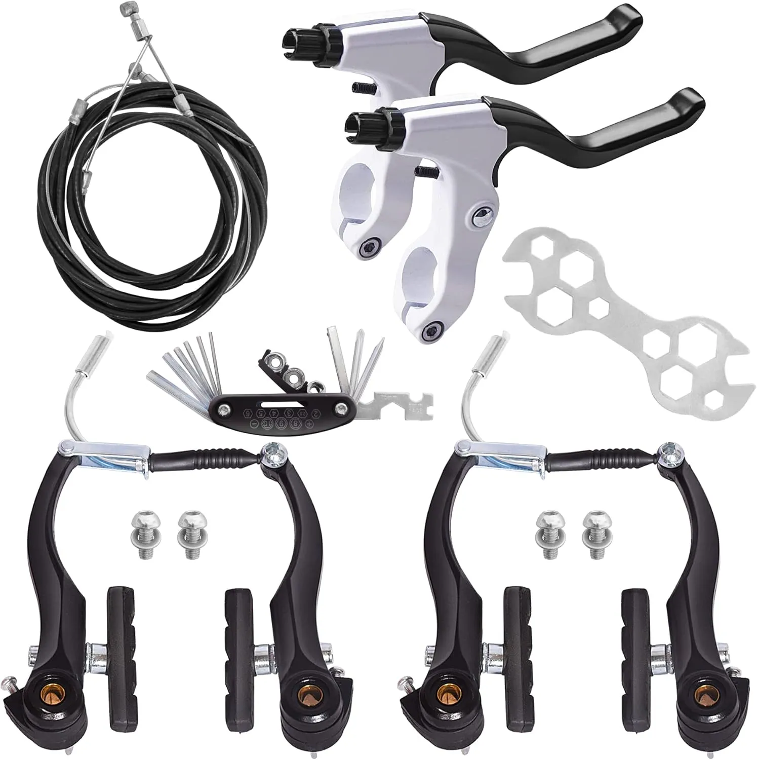 Complete Bike Brakes Set, Universal Bike Front and Rear MTB Brake, Inner and Outer Callipers Cables Lever Kit with Multi-Tool Wrenches Black White