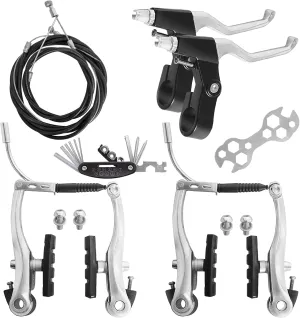 Complete Bike Brakes Set, Universal Bike Front and Rear MTB Brake, Inner and Outer Callipers Cables Lever Kit with Multi-Tool Wrenches Silver