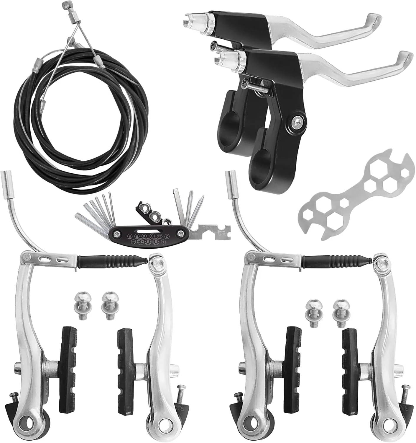 Complete Bike Brakes Set, Universal Bike Front and Rear MTB Brake, Inner and Outer Callipers Cables Lever Kit with Multi-Tool Wrenches Silver