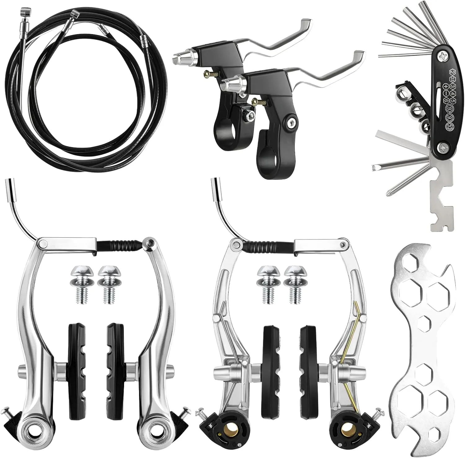 Complete Bike Brakes Set - Universal Front and Rear Brakes with Cables and Levers, Including Multi-Tool Wrenches (Silver)