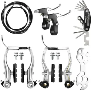Complete Bike Brakes Set - Universal Front and Rear Brakes with Cables and Levers, Including Multi-Tool Wrenches (Silver)