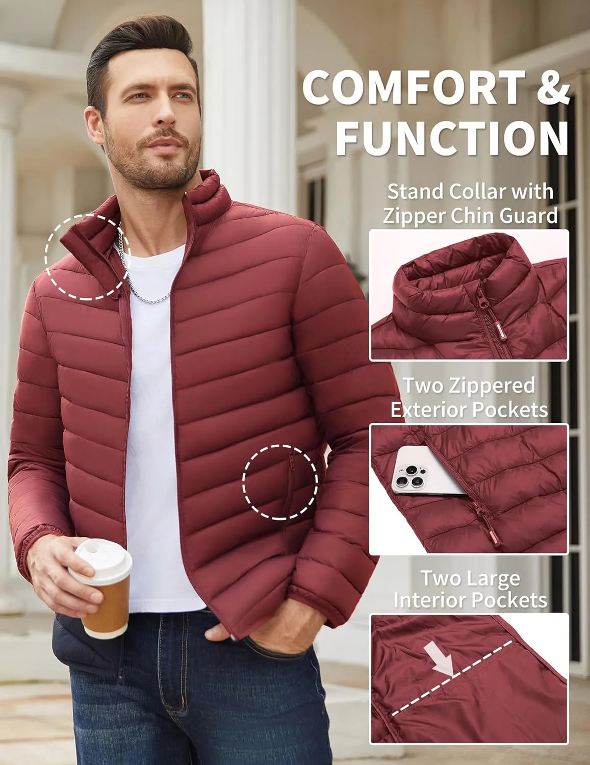 COOFANDY Men's Puffer Jacket Packable Lightweight Puffy Jackets with Zippered Pockets Down Alternative Winter Coat
