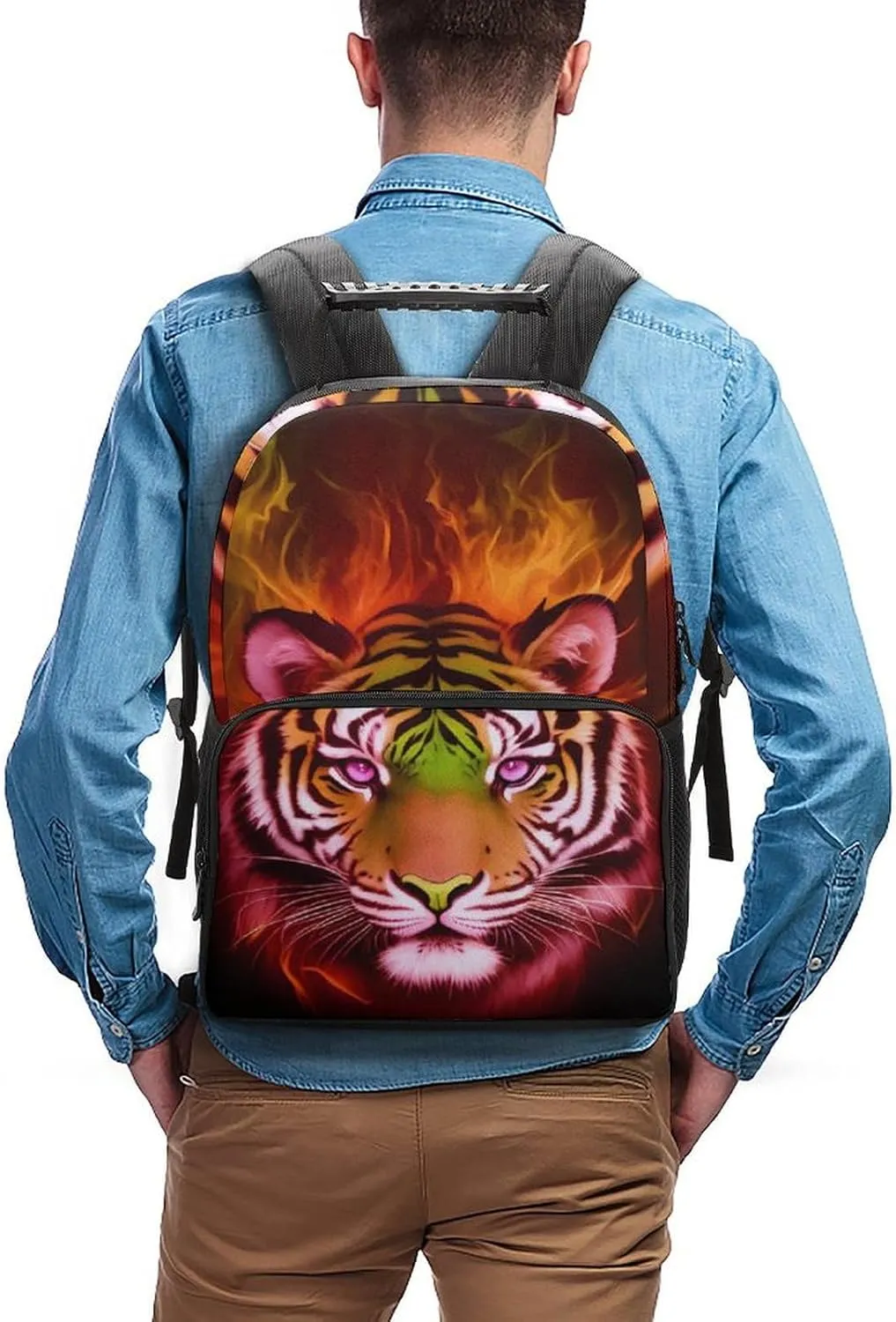 Cool Tiger Head Fire Surreal Style Art Rucksacks Lightweight Multipurpose Anti-Theft Shoulder Bag Big Capacity Laptop Book Bag Rucksack With Padded Straps