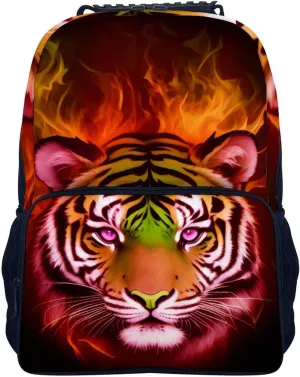 Cool Tiger Head Fire Surreal Style Art Rucksacks Lightweight Multipurpose Anti-Theft Shoulder Bag Big Capacity Laptop Book Bag Rucksack With Padded Straps
